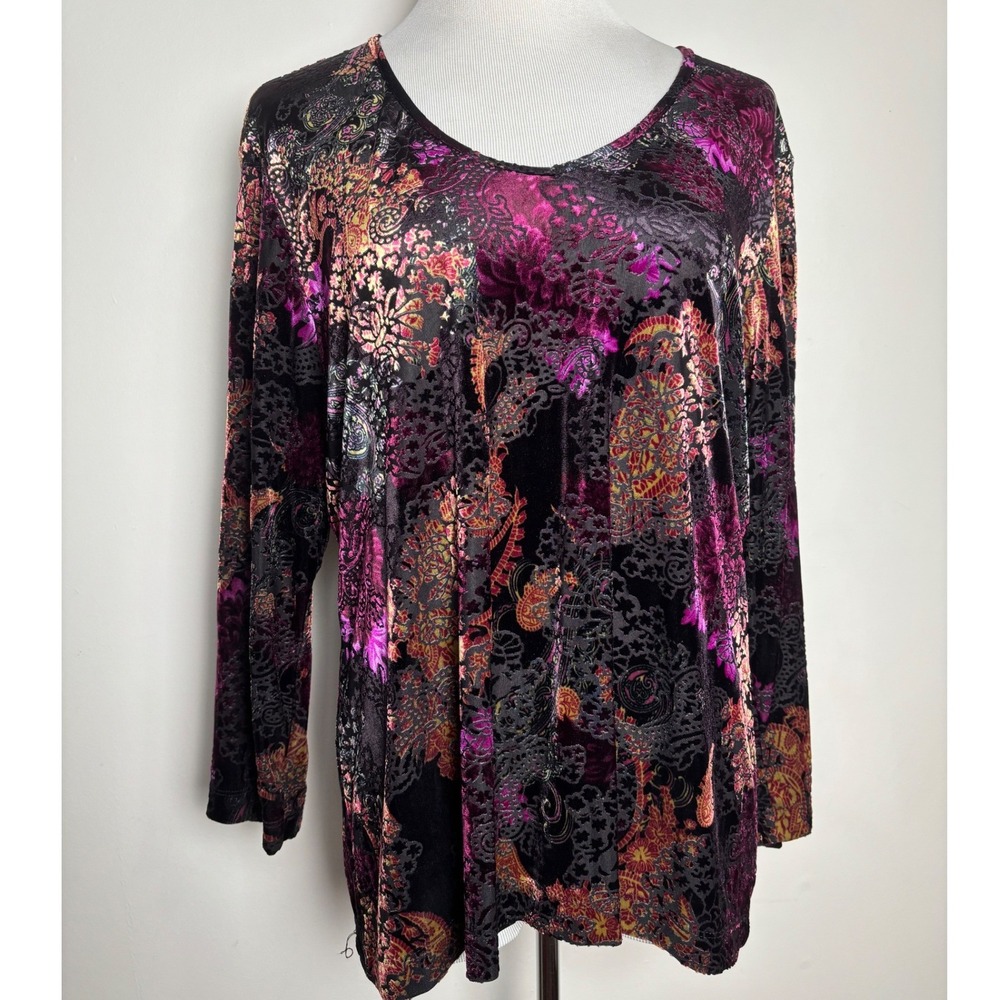 Chicos Vintage Burnout Velvet Paisley Top‎ Large Semi-Sheer Artsy Eclectic Boho